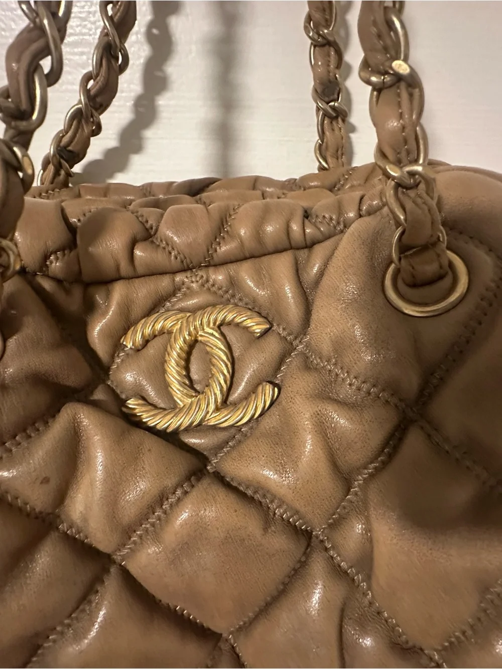 CHANEL Quilted Bowler Hobo Bag in Dark Beige/Taupe with Gold Hardware